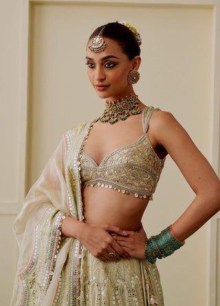 Gold mirror work drop-bead lehenga set