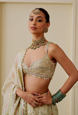 Gold mirror work drop-bead lehenga set