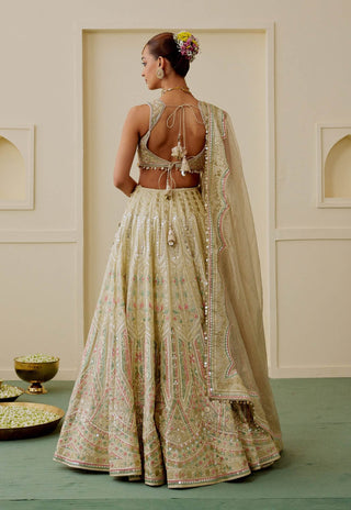 Gold mirror work drop-bead lehenga set