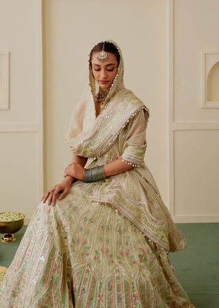 Gold mirror work drop-bead lehenga set