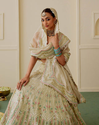 Gold mirror work drop-bead lehenga set