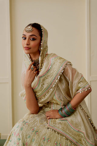 Gold mirror work drop-bead lehenga set