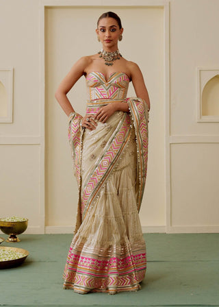 Ivory multicolor chevron fusion sari set