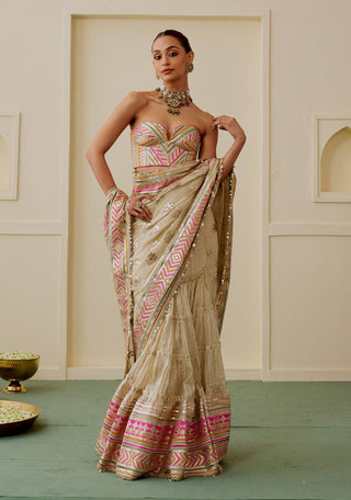 Ivory multicolor chevron fusion sari set