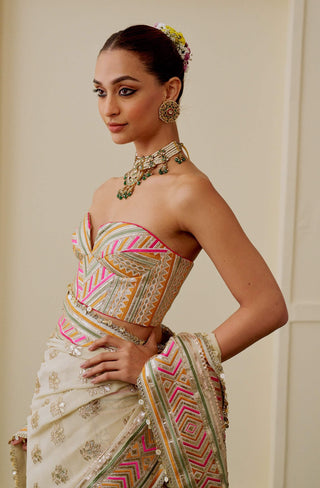 Ivory multicolor chevron fusion sari set