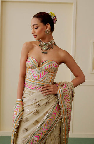 Ivory multicolor chevron fusion sari set