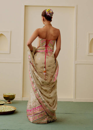 Ivory multicolor chevron fusion sari set