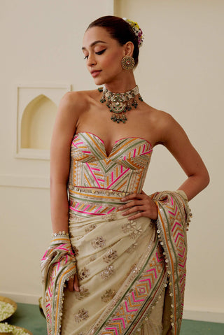 Ivory multicolor chevron fusion sari set