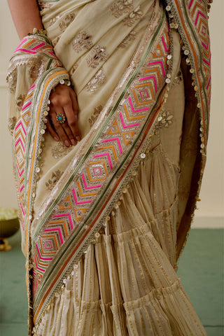 Ivory multicolor chevron fusion sari set