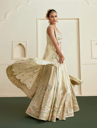 Gold strappy micro-mirror embroidered lehenga and cape