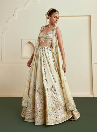 Gold strappy micro-mirror embroidered lehenga and cape
