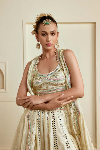 Gold strappy micro-mirror embroidered lehenga and cape