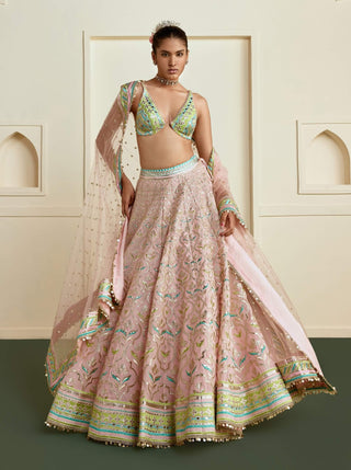 Pink lime aqua mirror work lehenga set