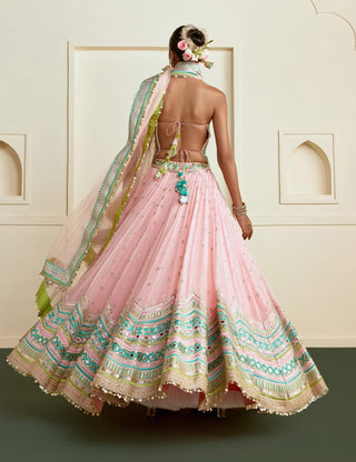 Pink lime aqua mirror work lehenga set