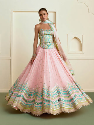 Pink multicolour chevron corset lehenga set