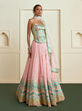 Pink multicolour chevron corset lehenga set