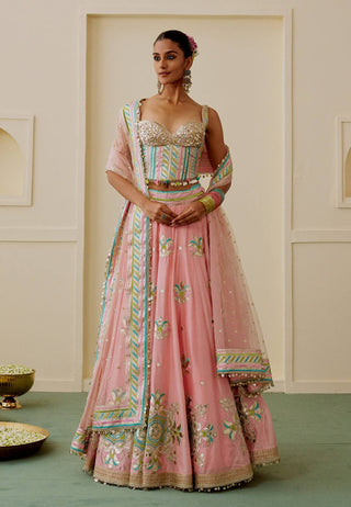 Pink pastel mirror work corset lehenga set