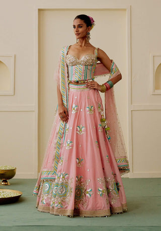 Pink pastel mirror work corset lehenga set
