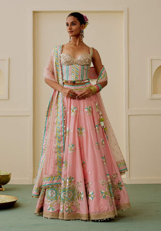 Pink pastel mirror work corset lehenga set