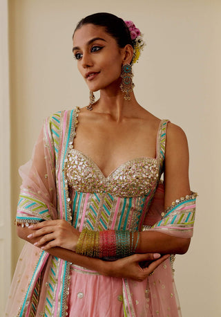 Pink pastel mirror work corset lehenga set