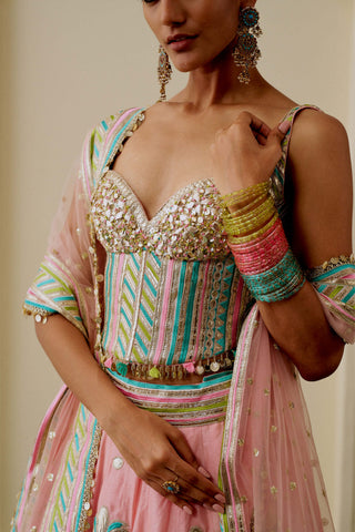 Pink pastel mirror work corset lehenga set