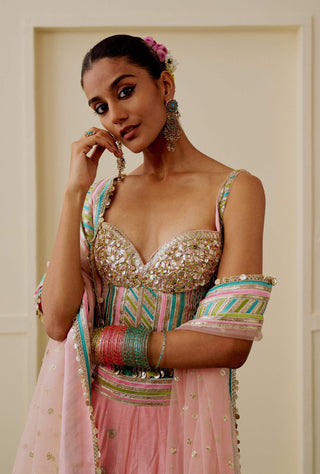 Pink pastel mirror work corset lehenga set