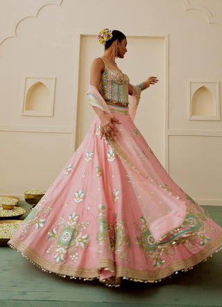 Pink pastel mirror work corset lehenga set