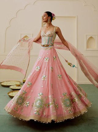 Pink pastel mirror work corset lehenga set