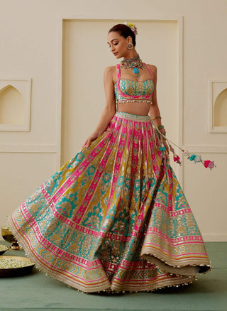 Multicolour ice blue pink pastel lehenga set