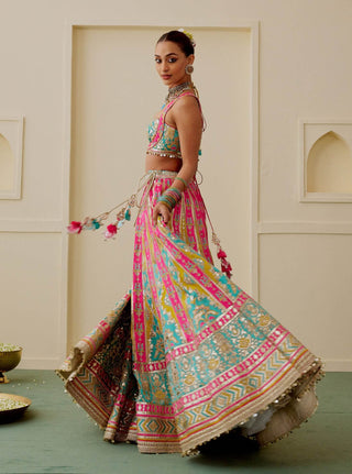 Multicolour ice blue pink pastel lehenga set