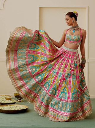 Multicolour ice blue pink pastel lehenga set