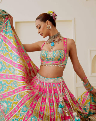 Multicolour ice blue pink pastel lehenga set