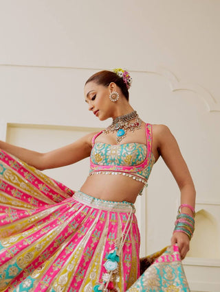 Multicolour ice blue pink pastel lehenga set