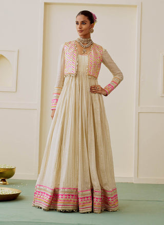 Ivory rani pink lime embroidered fusion anarkali set