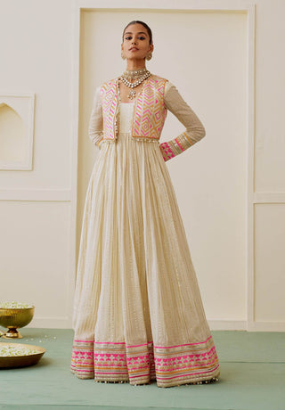 Ivory rani pink lime embroidered fusion anarkali set