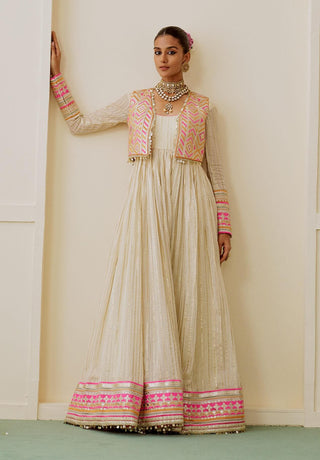Ivory rani pink lime embroidered fusion anarkali set