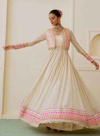 Ivory rani pink lime embroidered fusion anarkali set