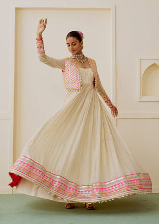 Ivory rani pink lime embroidered fusion anarkali set