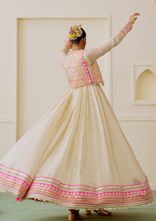 Ivory rani pink lime embroidered fusion anarkali set