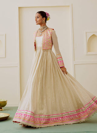 Ivory rani pink lime embroidered fusion anarkali set
