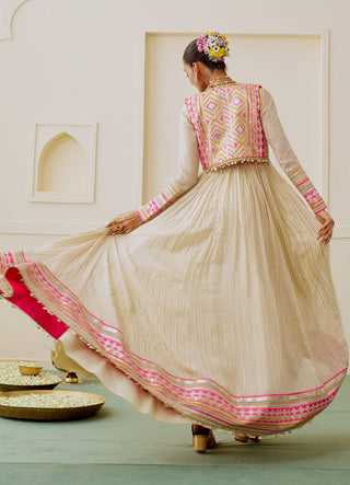 Ivory rani pink lime embroidered fusion anarkali set
