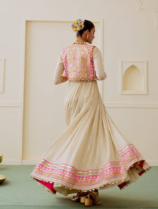 Ivory rani pink lime embroidered fusion anarkali set