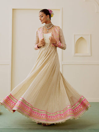 Ivory rani pink lime embroidered fusion anarkali set