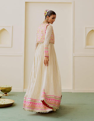 Ivory rani pink lime embroidered fusion anarkali set