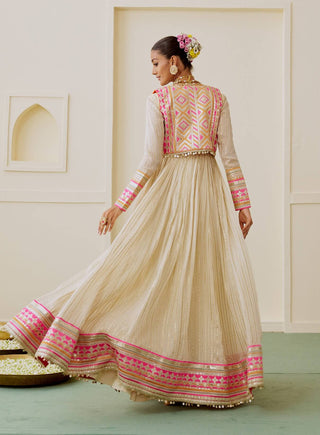 Ivory rani pink lime embroidered fusion anarkali set