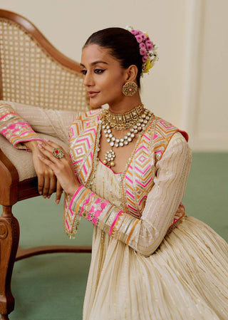 Ivory rani pink lime embroidered fusion anarkali set