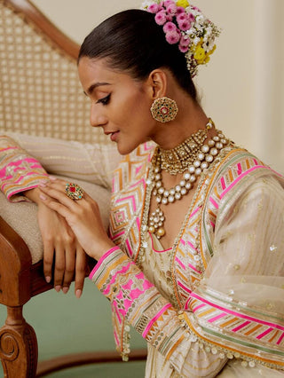 Ivory rani pink lime embroidered fusion anarkali set
