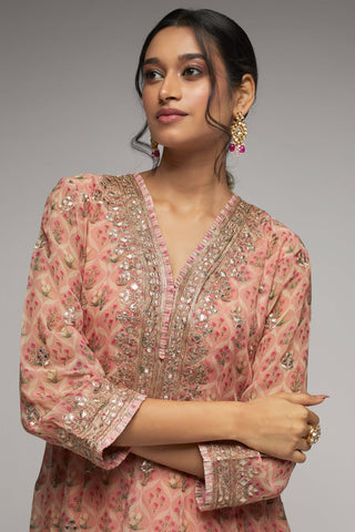 Gopi Vaid-Pink Embroidered Jacket Tunic And Palazzo-INDIASPOPUP.COM