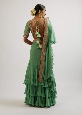 Shefali Mint Sari And Blouse by Gopi Vaid, available on Indiaspopup.com