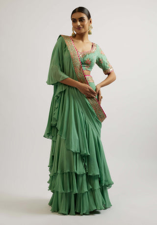 Shefali Mint Sari And Blouse by Gopi Vaid, available on Indiaspopup.com